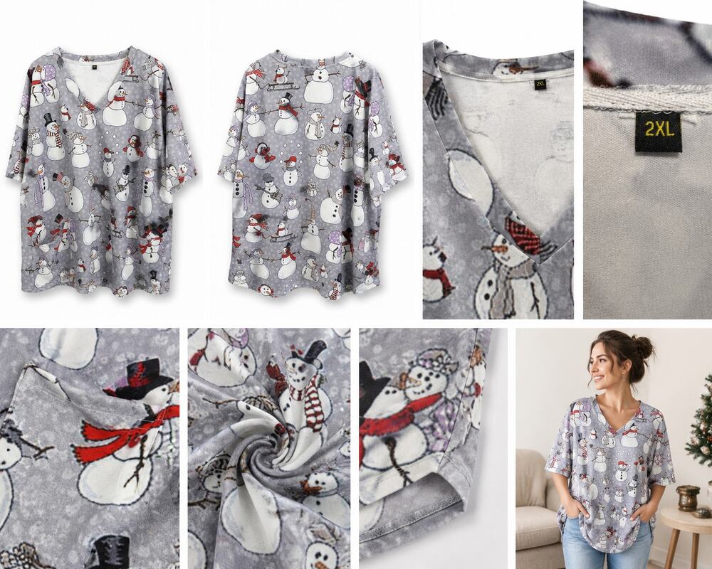 Women's Holiday Snowman Print Scrub Top – Gray – Size 2XL